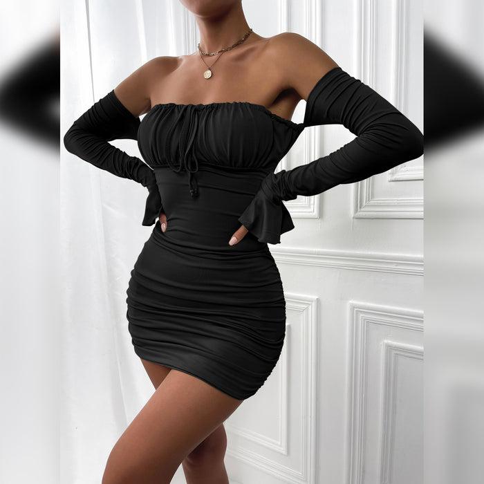 Color-Black-Women Clothing Spring Autumn Sexy Chest Wrapped Dress Chest Lace up Pleated Bell Sleeve Hip-Fancey Boutique