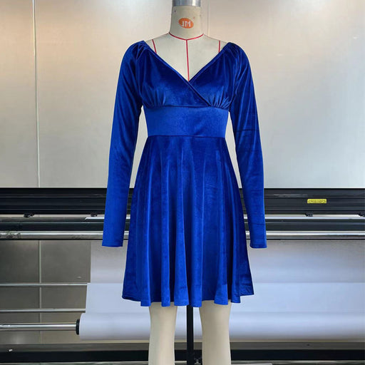 Christmas Dress Autumn Winter Women Clothes V Neck Velvet Sexy Waist Trimming Holiday Dress-Blue-Fancey Boutique