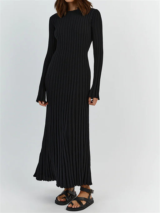 Long Sleeve Round Neck Tight Knitted Dress Autumn Sweater Dress Sunken Stripe Solid Color Base Dress-Black-Fancey Boutique