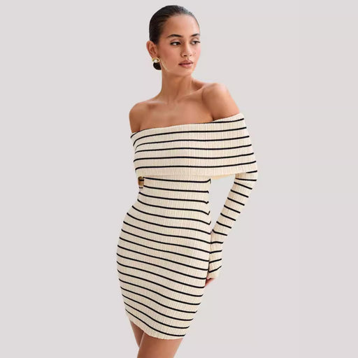 Beach Vacation Off Shoulder Striped Long Sleeve Off Shoulder Collar Knit Casual Short Dress Women-Fancey Boutique