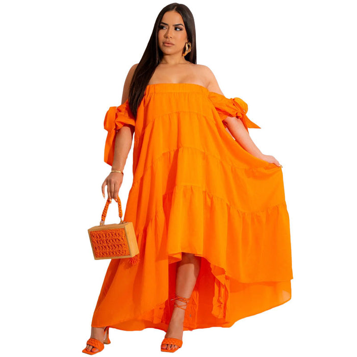 Color-Orange-Spring Summer Women Clothing Sexy Off The Shoulder Large Swing Dress-Fancey Boutique