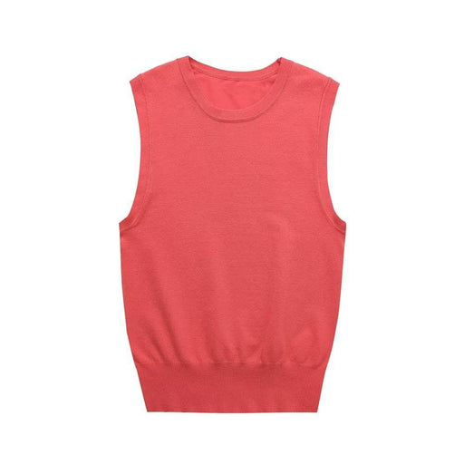 Women Clothing Summer Striped Basic Round Neck Sleeveless Knitted Top-Coral Red-Fancey Boutique