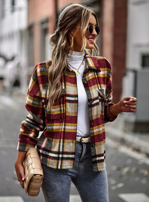 Color-Red-Plaid Shacket Autumn Winter Long Sleeved Shirt Casual Women-Fancey Boutique