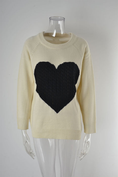 Color-Beige White and Black Love-Knitwear Women Autumn Winter Women Knitwear Heart Trendy Pullover Sweater Women-Fancey Boutique