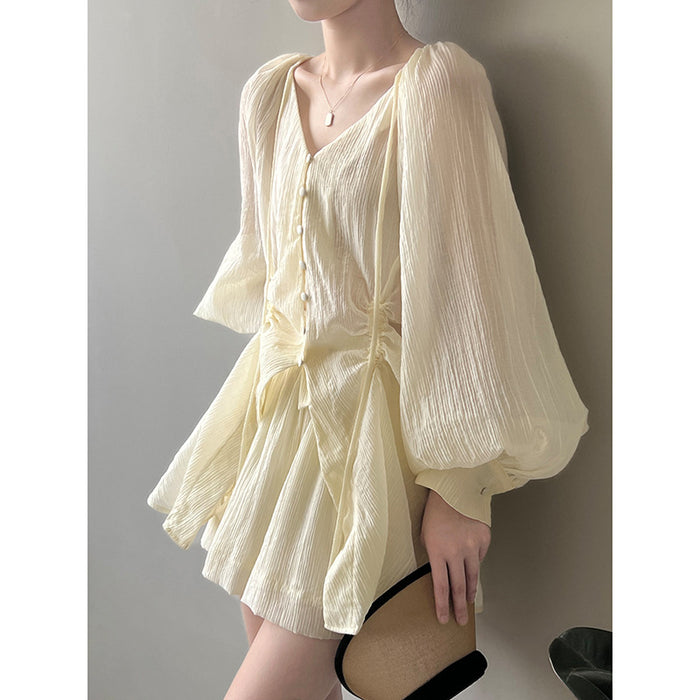 Tencel Retro Suit Women Summer V Neck Lace Up Pleated Drawstring Shirt Wide Leg Shorts-Light Beige-Fancey Boutique