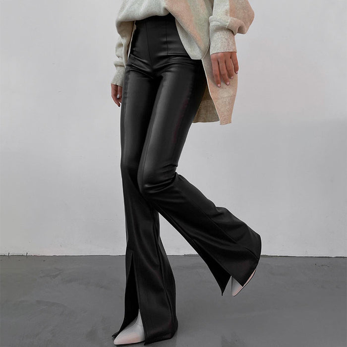 Color-Black-Autumn Winter Faux Leather White Stitching Slit Sexy Tight Slightly Flared Leather Pants Women Agent-Fancey Boutique