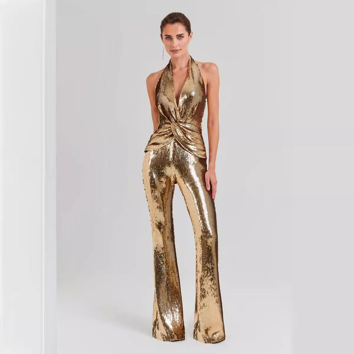 Summer High End Elegant Sequined Light Luxury Halter Jumpsuit Cocktail Host Annual Meeting Performance Dress for Women-Fancey Boutique