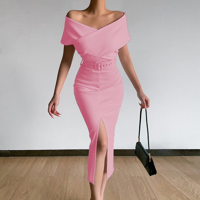 Color-Pink-Spring Summer Elegant Graceful Office Minimalist Young off the Shoulder Belt Dress with Vents-Fancey Boutique