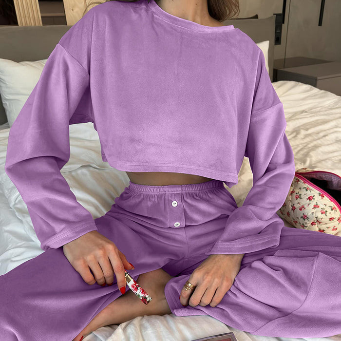 Autumn Velvet Warm Purple Long Sleeve Trousers Soft Knitted Pajamas Women Home Wear-Fancey Boutique