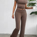 Women Clothing Spring Summer Casual Solid Color Slim Fit Short Sleeve Trousers Set-Brown-Fancey Boutique