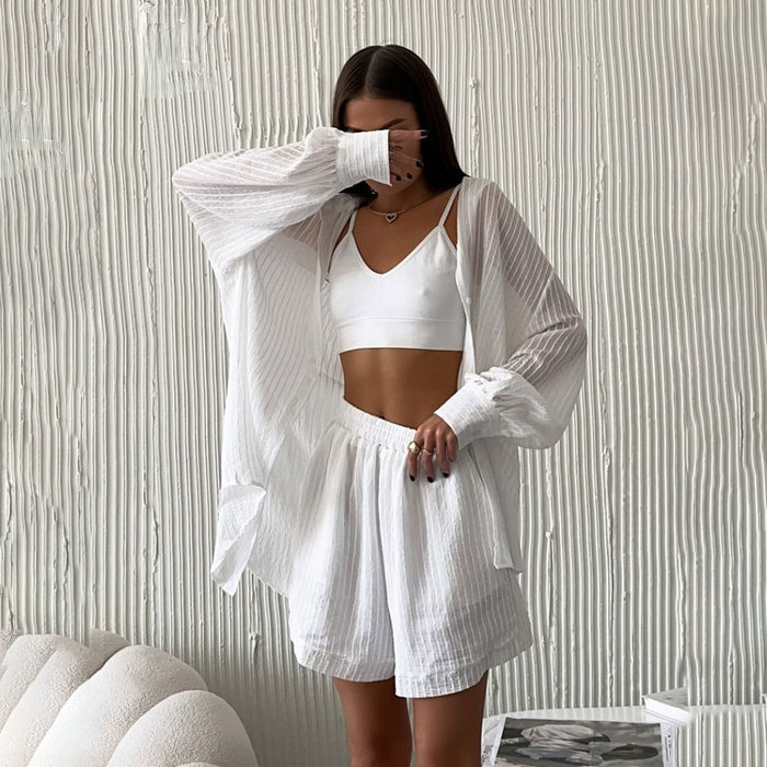 Women Clothing Suit Summer Casual Texture Long Sleeve Vertical Pattern Shirt Shorts Suit-Fancey Boutique