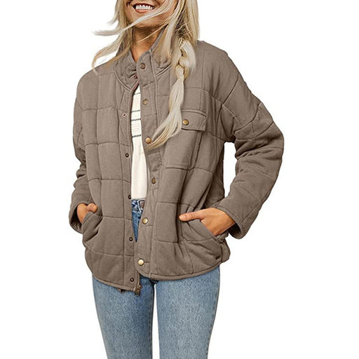 Color-Khaki-Women Clothing Autumn Winter Women Stand Collar Loose Stylish Lightweight Jacket Coat-Fancey Boutique