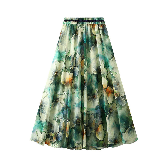 Summer Korean Floral Print Skirt Large Swing A line Wild High Waist Long Skirt for Women-Fancey Boutique