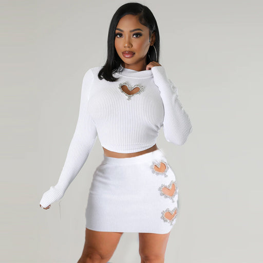 Heart Shape Rhinestone Hollow Out Cutout Out Cropped Sexy T Shirt Skirt Casual Set Women-White-Fancey Boutique