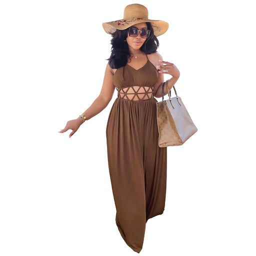 Color-Brown-Sexy High Waist Hollow Out Cutout Backless Lace up Casual Split Women Dress-Fancey Boutique