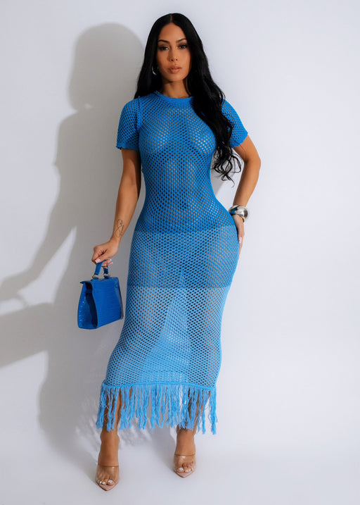 Women Clothing Sexy Knitted Tassel Beach Dress Summer Short Sleeve Dress-Blue-Fancey Boutique