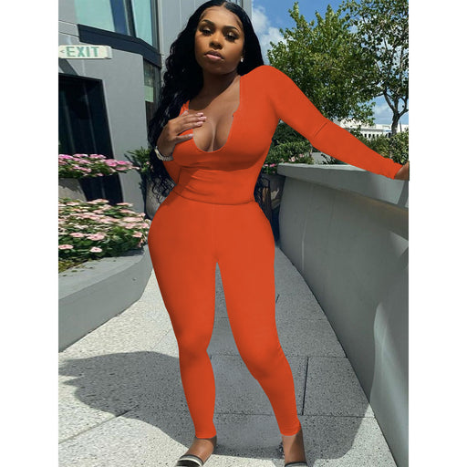 Color-Orange-Women Clothing Sexy Deep V Plunge Plunge Long Sleeve Trousers Suit Solid Color Sanding Stretch Two-Piece Set for Women-Fancey Boutique