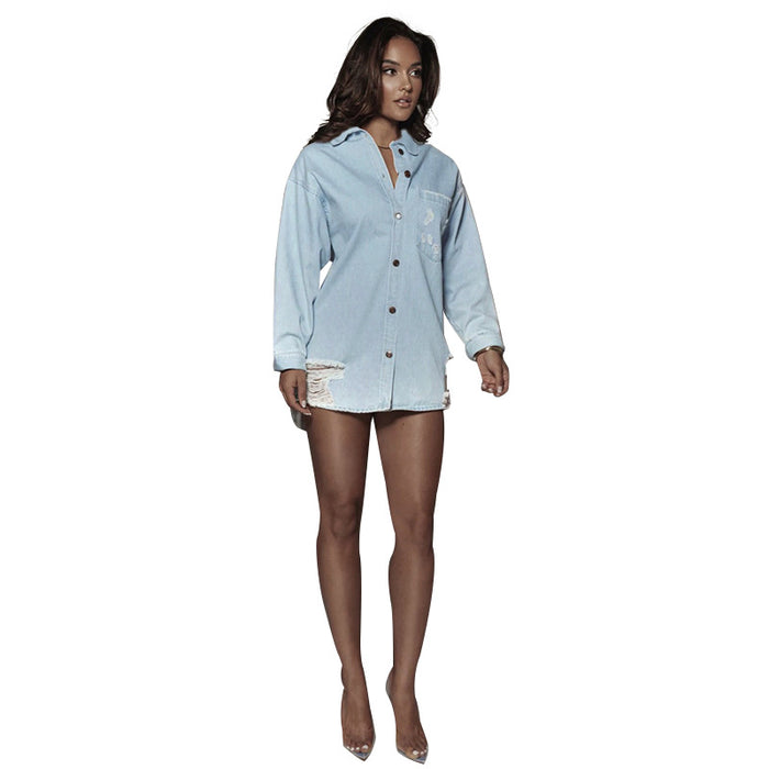 Color-Blue-Autumn Winter Single Breasted Long Shirt Women Cotton Worn Blue Loose-Fitting Long Sleeve Denim Jacket-Fancey Boutique