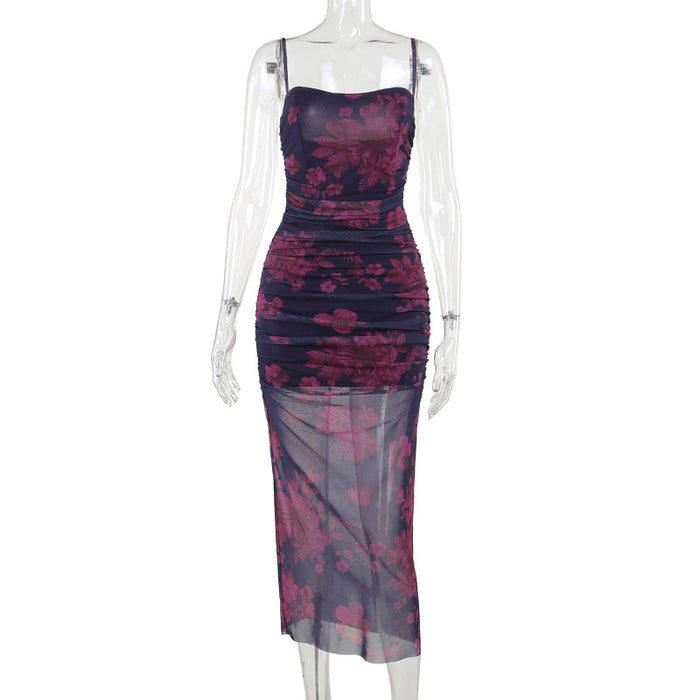 Color-Purple-Autumn Sexy Sexy See Through Maxi Dress Elegant Slim Fit Mesh Floral Print Dress Women-Fancey Boutique