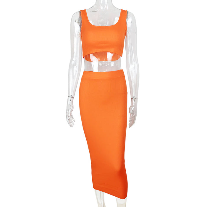 Color-Orange-Women Clothing Sexy Vest Two-Piece Set Crop-Top Short Top Fried Street Suit Skirt Summer-Fancey Boutique