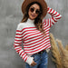 Color-Red and White Striped Sweater-Women Clothing Striped Sweater Loose Long Sleeve Stand Collar Pullover Sweater-Fancey Boutique