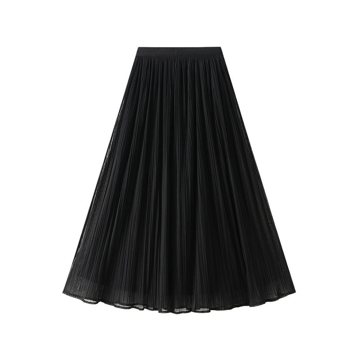 Color-Black-Women Two Sided Skirt Spring Korean High Waist Slimming Mid Length Mesh Pleated Skirt 3-Fancey Boutique