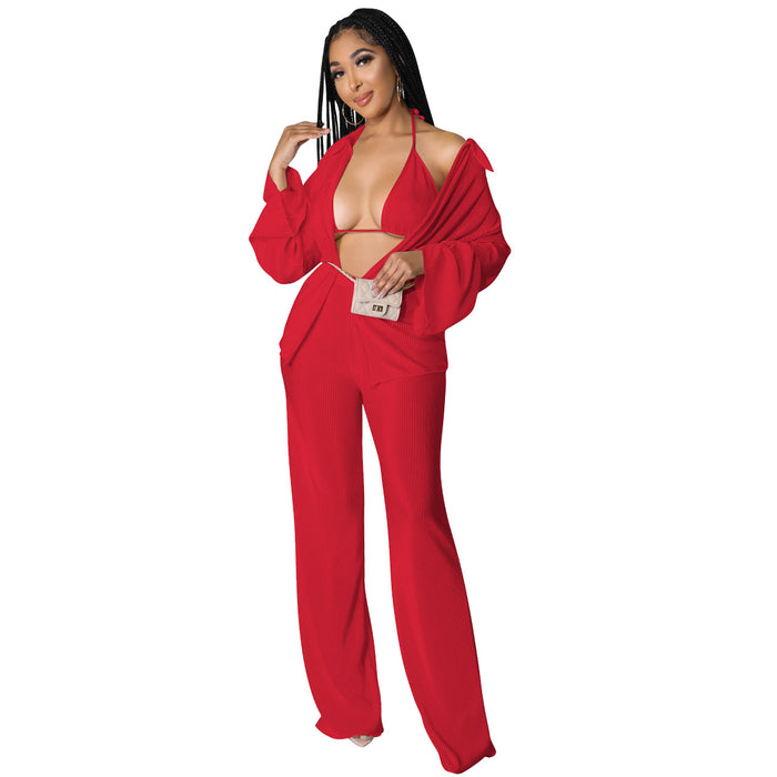 Color-Red-Sexy Pleated Cardigan Three-Piece Set Women-Fancey Boutique