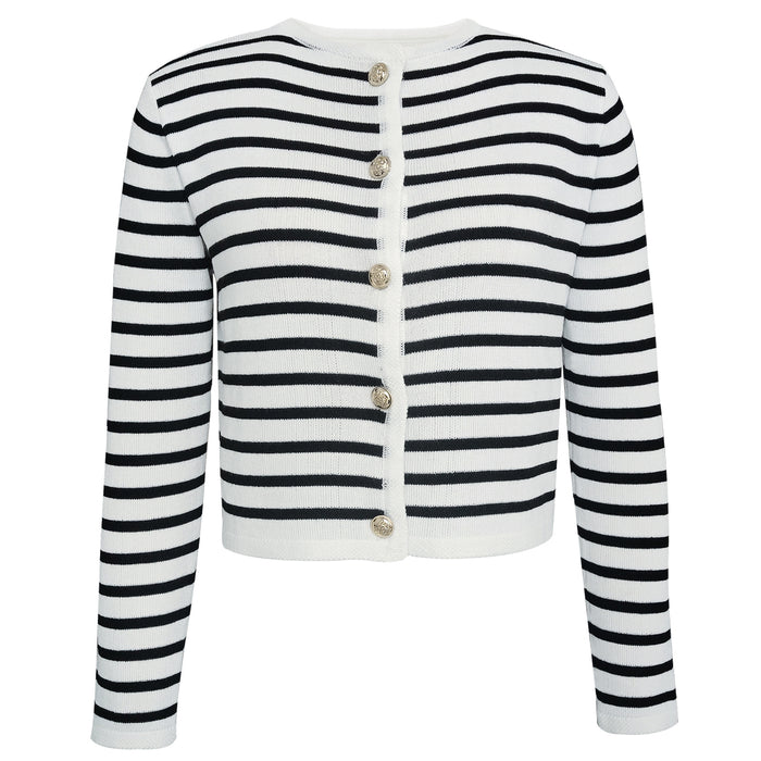 Color-White Coat-Women Clothing Striped Round Neck Knitted Cardigan Casual Sweater-Fancey Boutique