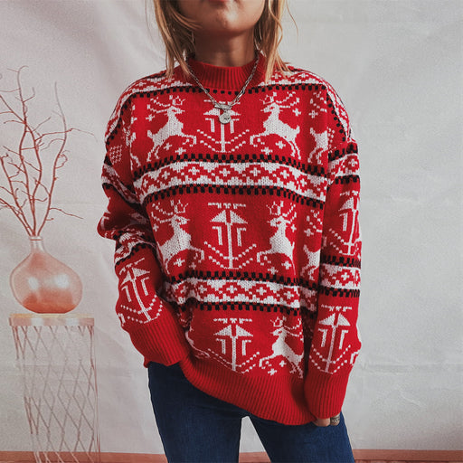 Color-Red-Autumn Winter Christmas Sweater Round Neck Long Sleeve Elk Pattern Knitted Pullover Top for Women-Fancey Boutique
