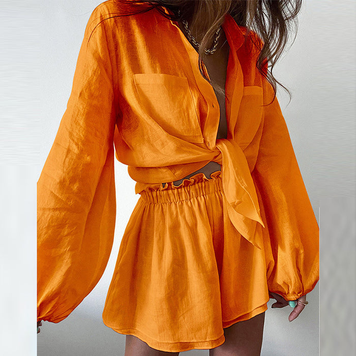 Color-Orange-Summer Women Casual Solid Color Ruffles Shorts Long Sleeve Set-Fancey Boutique