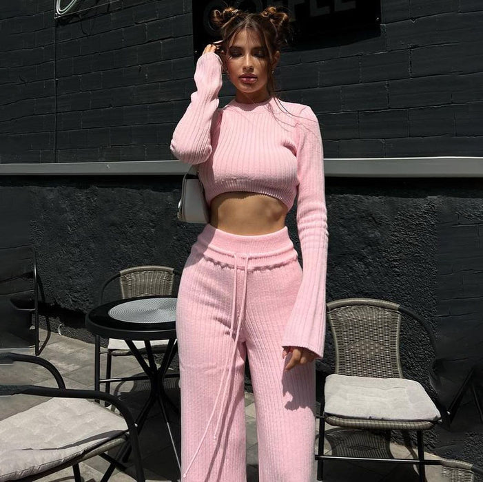 Color-Pink-Casual Set Short Cropped Cropped Knitted Long Sleeved Top Special Split Straight Leg Pants Two Piece Set-Fancey Boutique