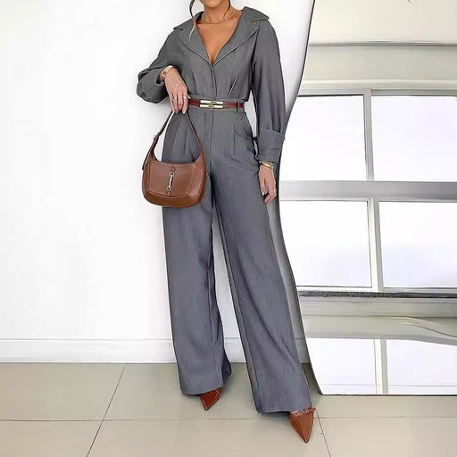 Ladies Suit Autumn Winter Polo Collar Long Sleeve Top Trousers Two Piece Set No Belt-Fancey Boutique