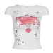 Niche Design Lace Abstract Printing Slim Fit See through Short T shirt Sexy Cropped Exposed Top-White-Fancey Boutique