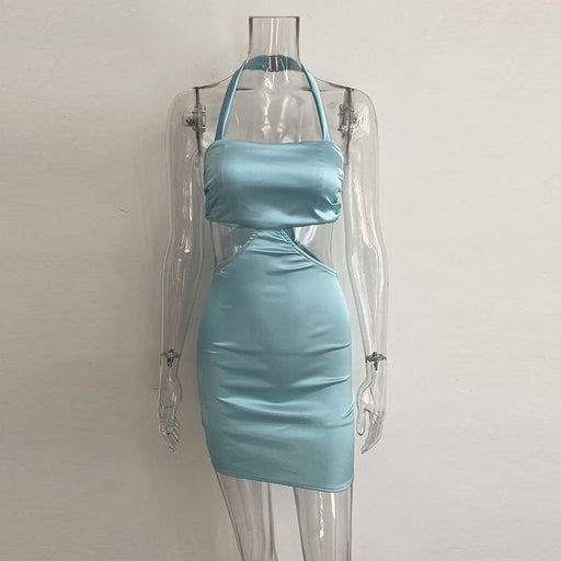 Halter Satin Solid Color Dress Sexy Backless Lightweight Dress Sexy Nightclub Party Hip Dress-Turquoise-Fancey Boutique