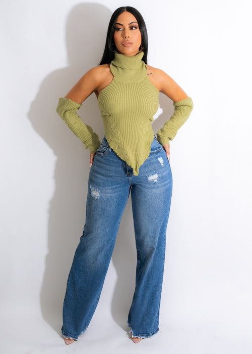 Color-Pea Green-7-Autumn Winter Knitting Hand Crochet Turtleneck Faux Sleeve Finger Hole Irregular Asymmetric Top-Fancey Boutique