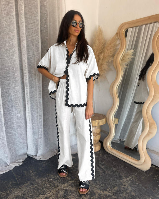 Spring Summer Comfortable Casual Single Breasted Lace Stitching Trousers Shacket-White-Fancey Boutique