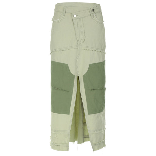 Color-Green-Personality Street Women Washed Contrast Color Irregular Asymmetric Denim Skirt Frayed Pocket Split Dress Autumn-Fancey Boutique