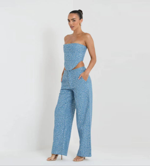 Color-Blue Suit-Spring Summer Denim Sequ Tube Top Wide Leg Pants Suit-Fancey Boutique