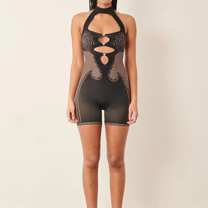 Solid Color Halter Sleeveless Backless Casual Sexy Slim Hollow Out Cutout One Piece Knitted Short-Black-Fancey Boutique