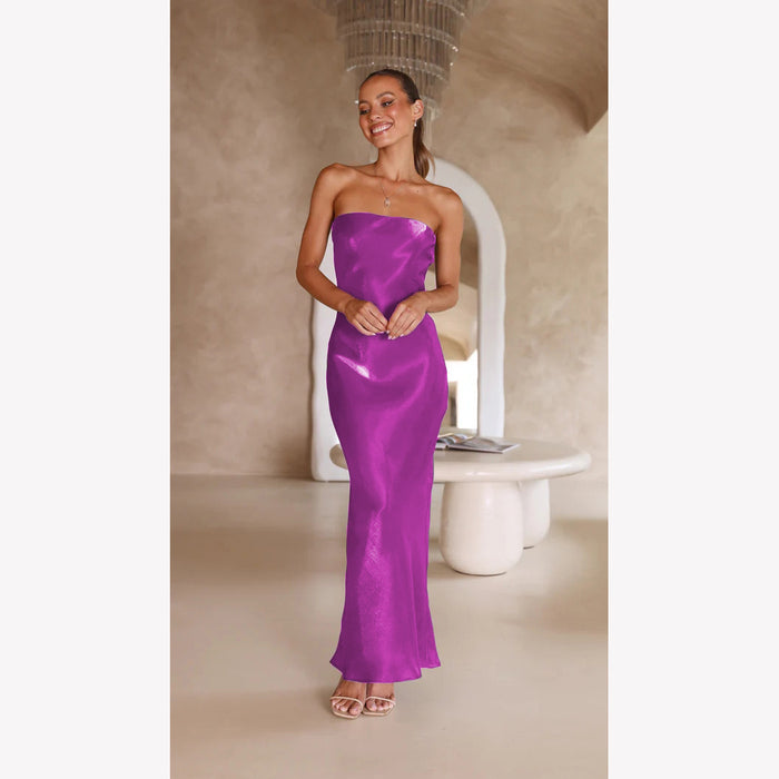 Color-Purple-Summer Bright Silk Bandeau Sexy Maxi Dress-Fancey Boutique