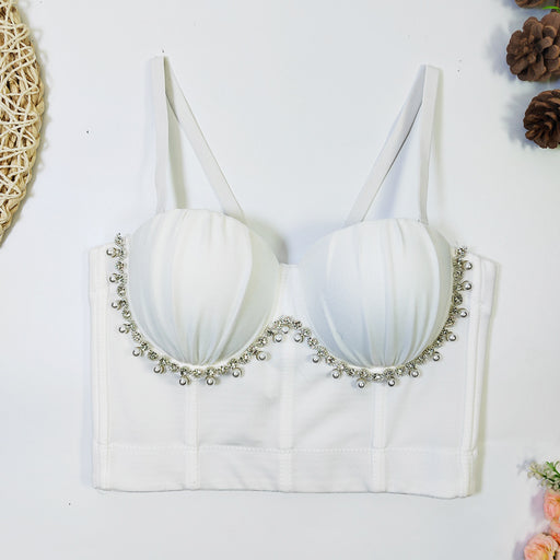 Fashionable All Match Pearl Drill Chain Boning Corset Bra Outer Wear With Steel Ring Comfortable Back Shaping Pleated Carnival Tube Top-White-Fancey Boutique