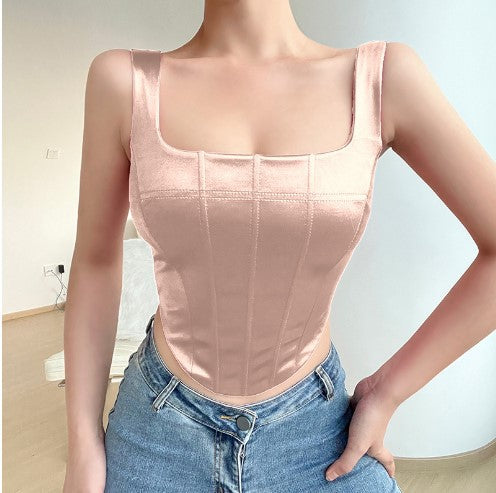 Color-Bean Paste-Boning Corset Waist Strap Top for Women Women Clothing Spring Sexy Slim Fit Waist Square Collar Vest-Fancey Boutique