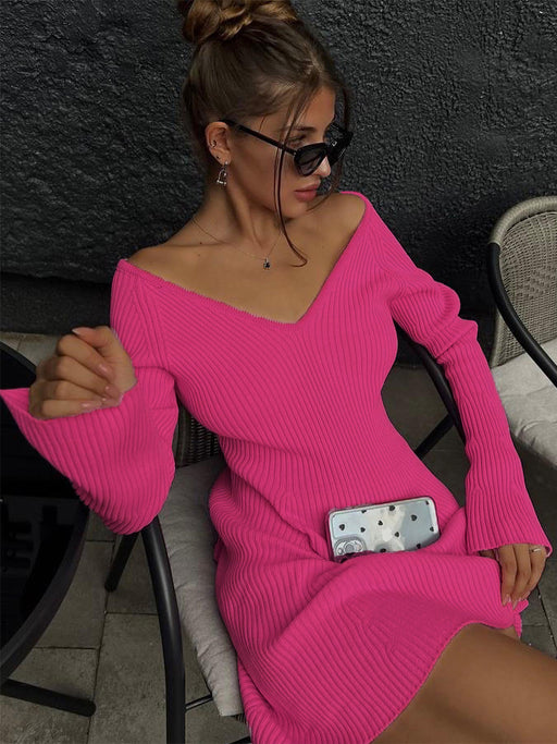 V Neck Long Sleeve Sexy Dress Short A Line Dress Strapless High Waist Autumn Winter Knitted Dress-Pink-Fancey Boutique