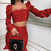 Color-Red-Autumn Winter Women Clothing Sexy Top Pleated Flounced Skirt High Waist Short Skirt Two Piece Set-Fancey Boutique