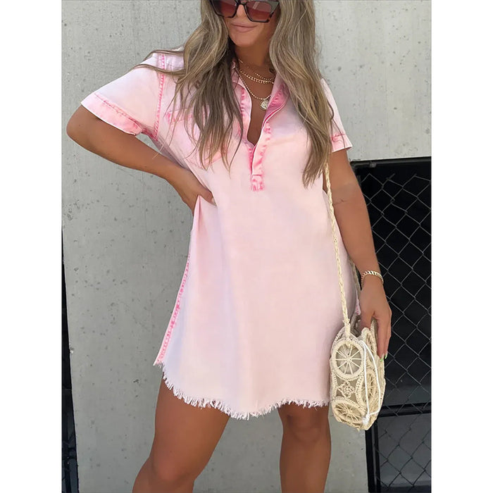 Color-Pink-Summer Shirt Collar Denim Tassel Hem Dress Short Dress-Fancey Boutique