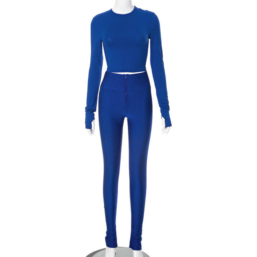 Color-Blue-Winter Women Clothing round Neck Long Sleeve Zipper Slit Trousers Casual Set-Fancey Boutique