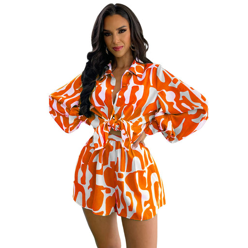 Color-Orange-Loose Printed Long Shirt Casual Women Shorts Suit Summer Two Piece Suit-Fancey Boutique