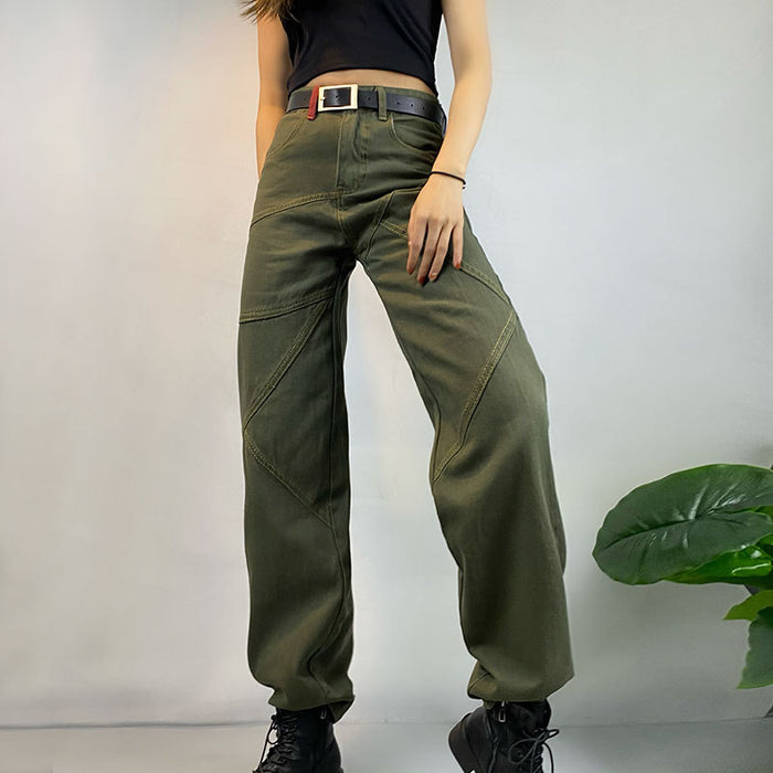 Fried Street Super Cool Straight Leg Pants Stitching Loose Mid Waist Worker Pants High Street Retro Jeans Trousers-Fancey Boutique