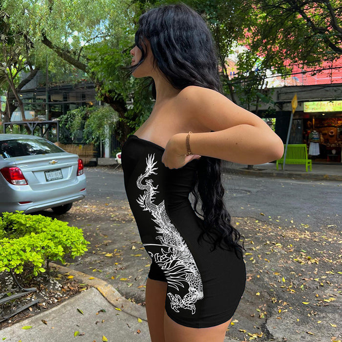 Dragon Print Tube Top Jumpsuit Skinny Sheath Sleeveless Chest Wrapped Sports Shorts-Fancey Boutique