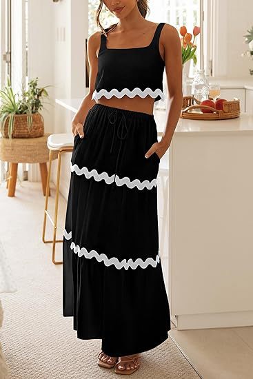 Women Clothing Lace Collage Sleeveless Short Vest High Waist Long Skirt Set-Black-Fancey Boutique